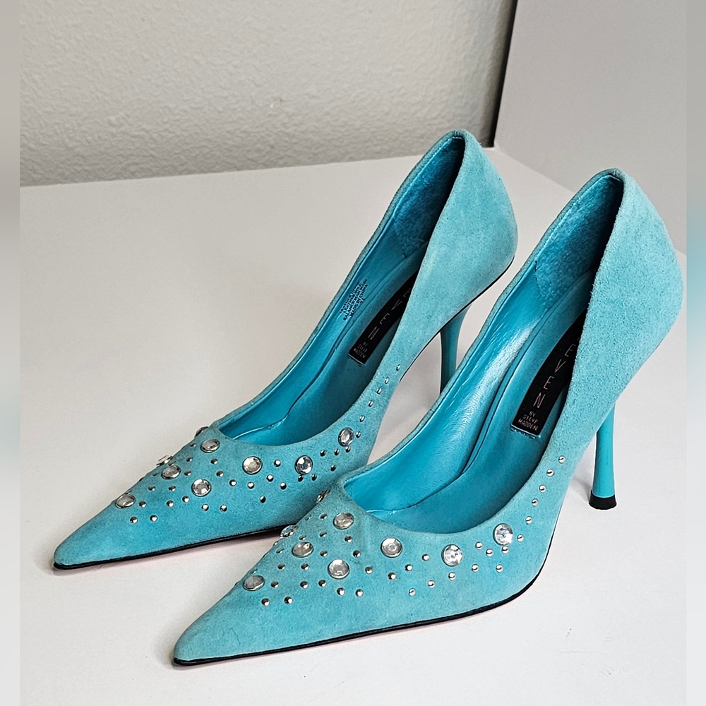 Steve Madden Vintage Turquoise Suede Heels with Crystal Embellishments